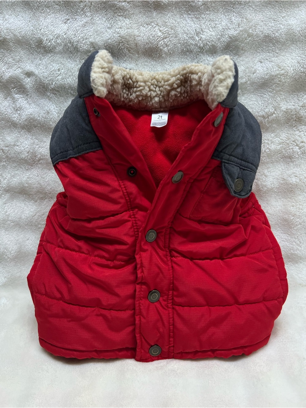 Carter's Red Puffer Vest with Sherpa Collar and Gray Shoulder Accents